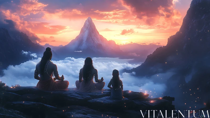 Three robed figures meditate before distant mountain peak