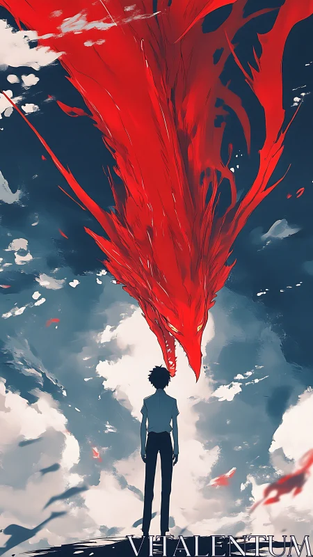 Skybound boy beneath a blazing red dragon stormcloud.