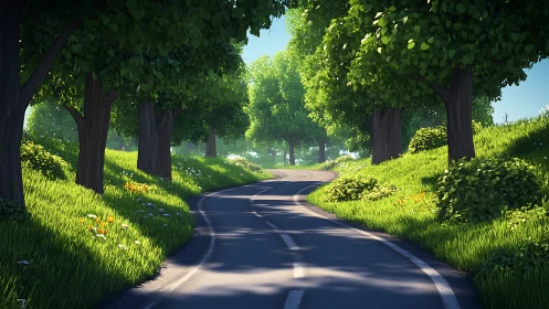 Sunlit Tree-Lined Country Road Through Verdant Landscape.