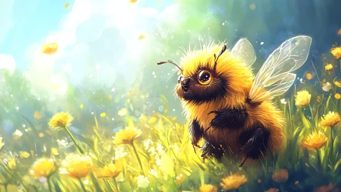 Sunlit dandelion meadow crowned by a wide eyed fluffy bee.