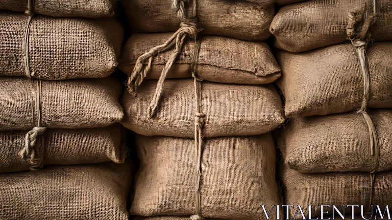 Stacked burlap sacks bound with twine rope