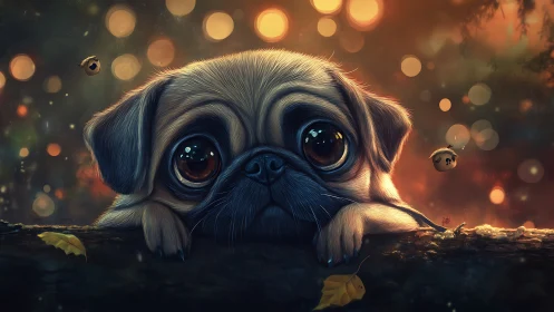 Moonlit pug daydream with acorn fireflies and soft bokeh glow.
