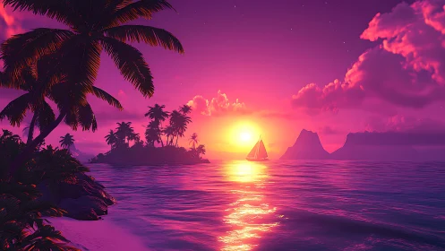 Neon sunset archipelago with silhouetted palms and sailboat panorama.