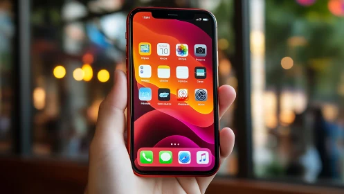 Vibrant Red iPhone Gleaming with Colorful App Icons and Life