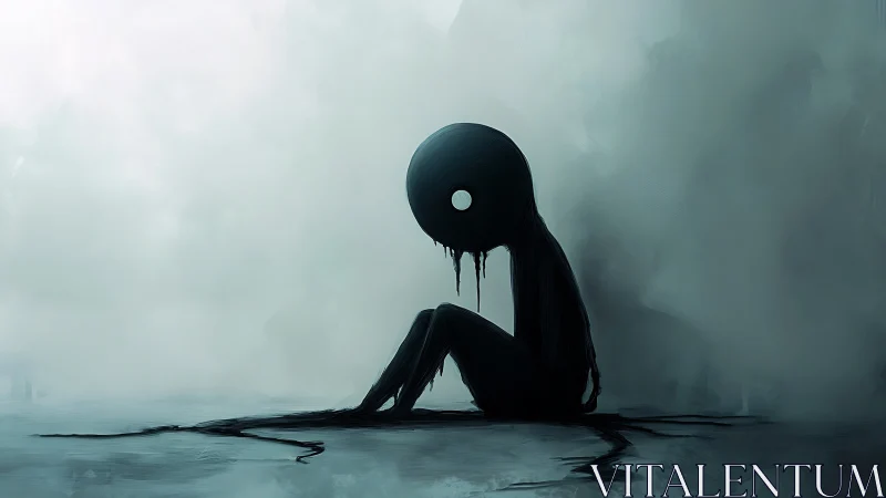 Dripping void figure grieving alone in a drowned horizon.