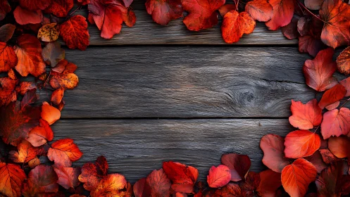 Crimson autumn leaves framing rustic weathered wood board.