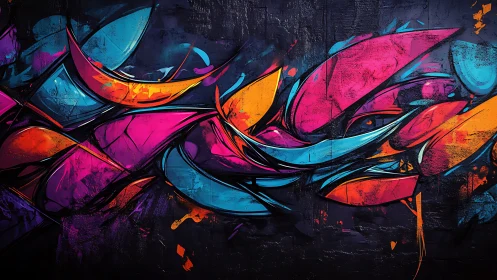 Multicolored abstract graffiti mural on dark textured wall.