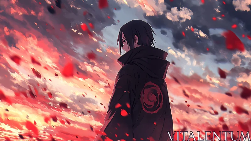 Brooding anime wanderer under a glowing crimson sky.