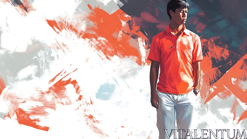 Young man stands before bold orange abstract brush field