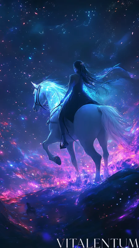 Starlit rider on luminous horse traverses cosmic nebula field