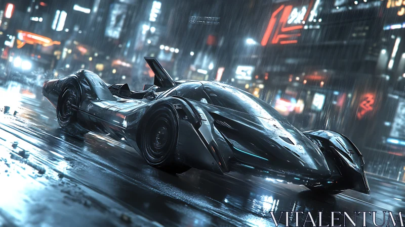 Futuristic low-profile car on wet neon city street at night.