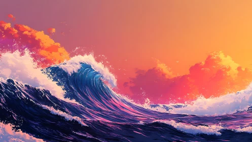 Digital seascape with breaking waves under vivid sunset sky.