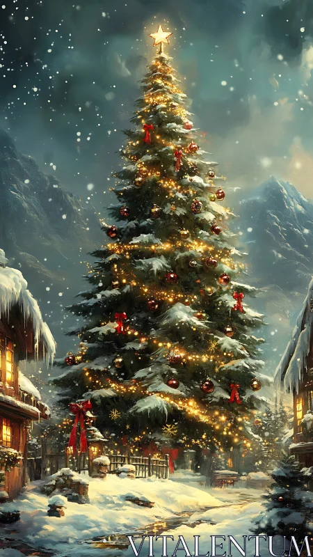 Illuminated alpine fir under snowfall with festive light arrays.