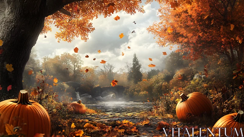 Golden autumn river scene with pumpkins and falling leaves.