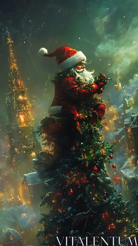 Santa climbs towering Christmas tree above glowing town