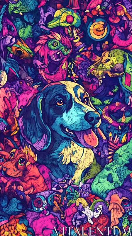 Neon canine portrait anchors chaotic psychedelic fauna montage