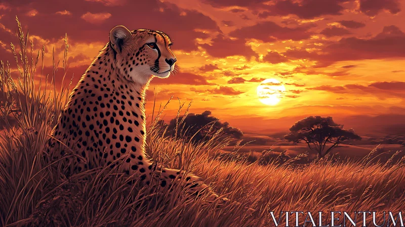 Cheetah Portrait at Savanna Sunset with Golden Hour Backlighting and Acacia Landscape