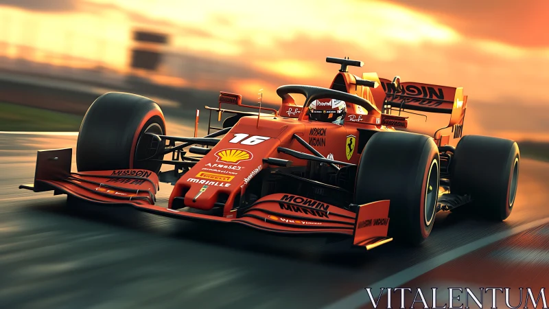 Ferrari Formula 1 car on track at sunset, side-front view.