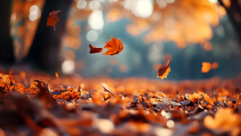 Golden autumn leaves drifting above forest floor at dusk.