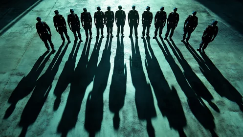Uniformed officers stand in formation casting long shadows