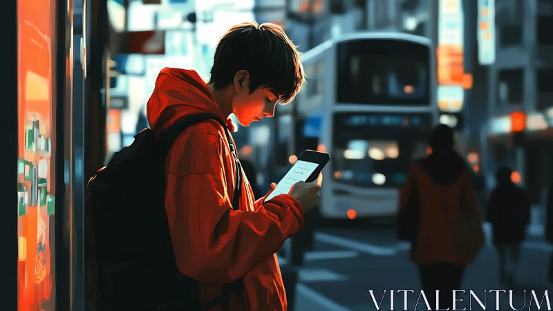 Teen checks phone in neon city street at twilight