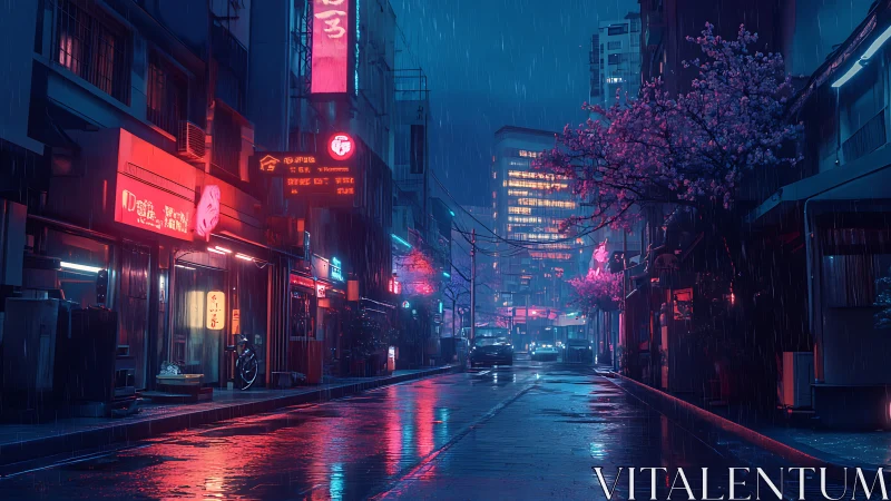 Neon-lit rainy alley renders cinematic cyberpunk nocturne