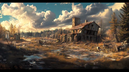 Derelict rural industrial building in overgrown clearing.