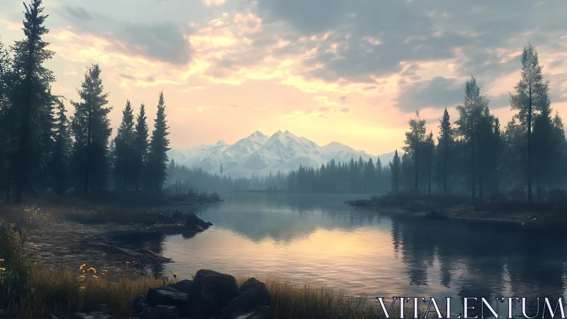 Sunrise mountain lake with misty pine forest reflection.