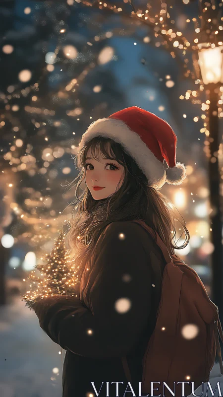 Nocturnal winter portrait with festive bokeh illumination.