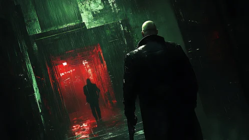 Two figures stand in a rain-soaked, neon-lit urban corridor