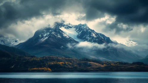 Storm-lit mountain range above tranquil reflective lake.