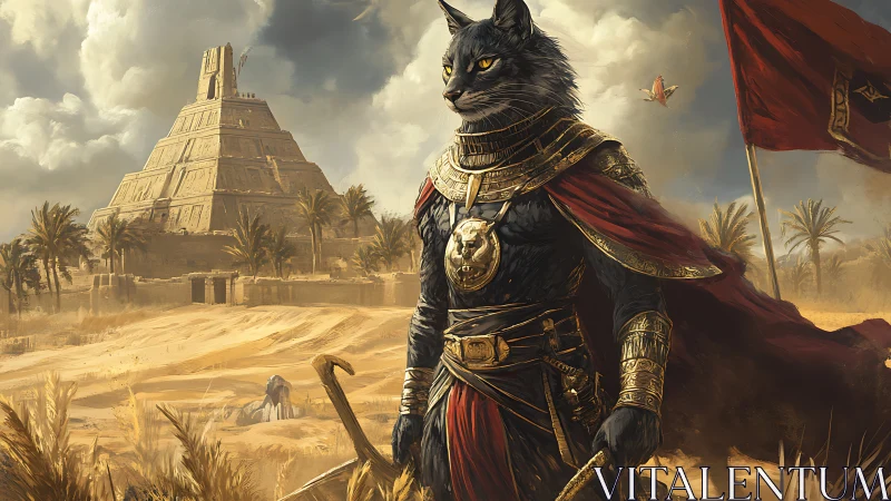 Feline warlord stands before desert ziggurat under banners.