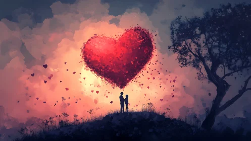 Silhouetted figures beneath luminous heart formation.