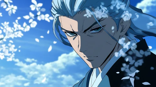 Stoic swordsman under dynamic cherry blossoms and deep sky