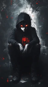 Hooded figure with glowing red eyes in dark grunge setting.