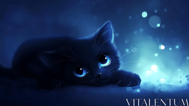 Black feline with luminous blue eyes in dark atmospheric setting.