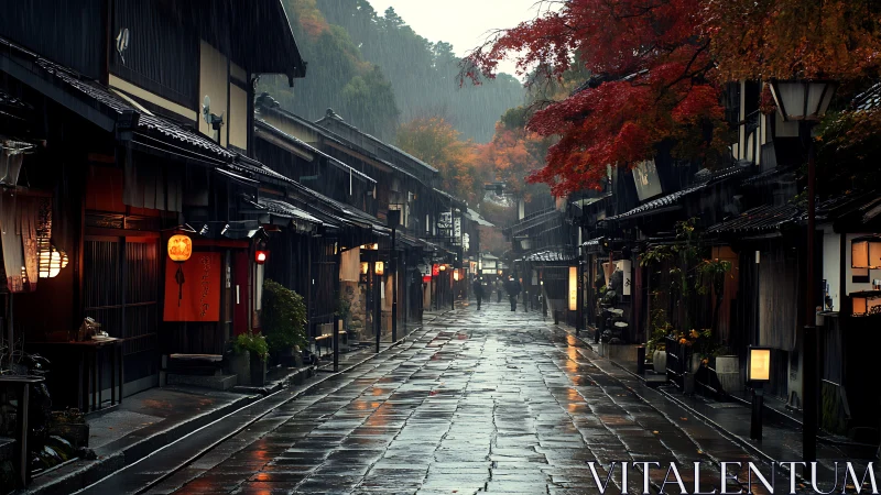 Lanternlit Kyoto alley soaking in autumn rain hush.