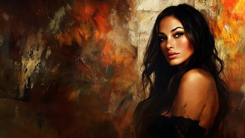 Fiery portrait of a contemplative woman in abstract dusk tones.