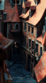 Sunlit red brick alleyway winding through old town homes.