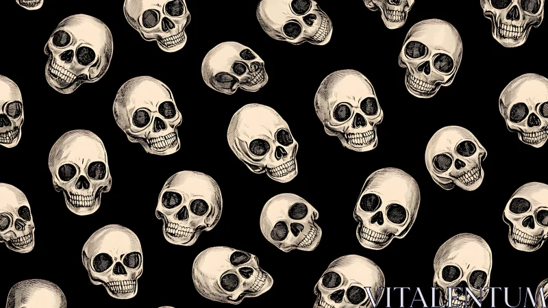 Illustrated human skull pattern on black seamless background.