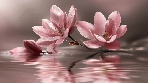 Pink Lotus Flowers With Water Droplets on Reflective Surface.