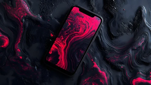 Modern smartphone on abstract red and black marbled background.