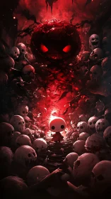 Tiny hero confronts vast red demon in skull-filled cavern.