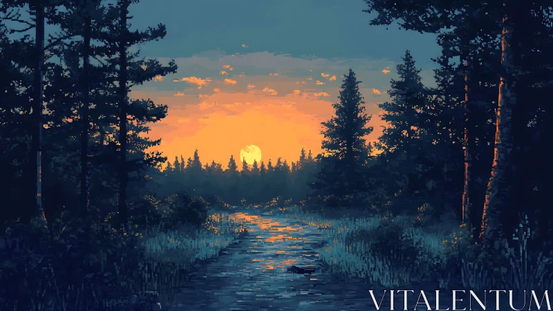 Pixel forest dusk with glowing river and low horizon sun.