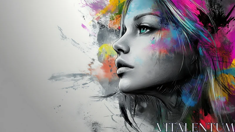 Chromatic daydreams bloom around a grayscale muse in profile.