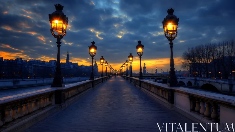 Lantern-lined river bridge glows against a brooding dawn sky.