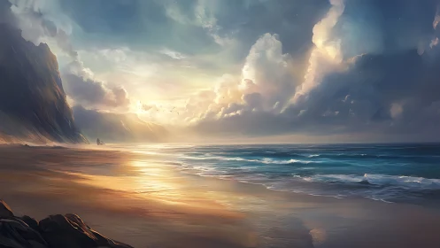 Dramatic sunset light over quiet ocean shore and cliffs.