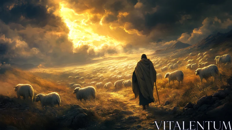 Shepherd strides through golden stormlight among dreaming sheep.
