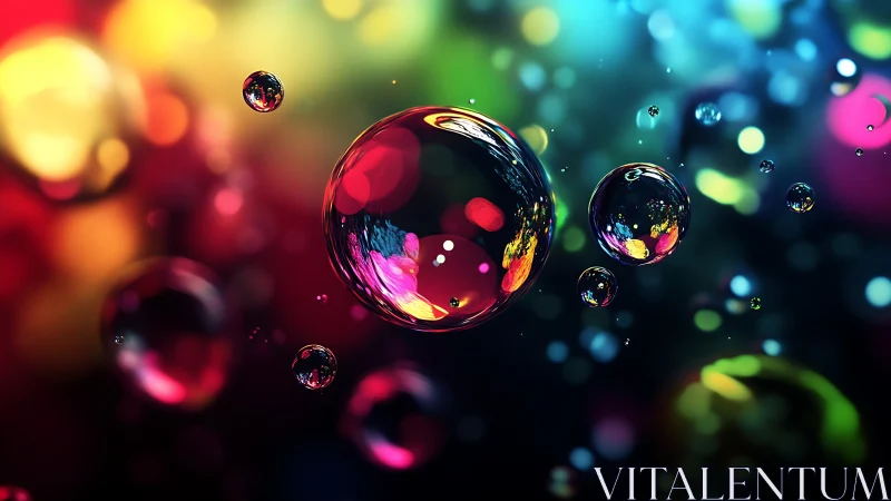Macro-rendered iridescent soap bubbles in multicolor bokeh field.