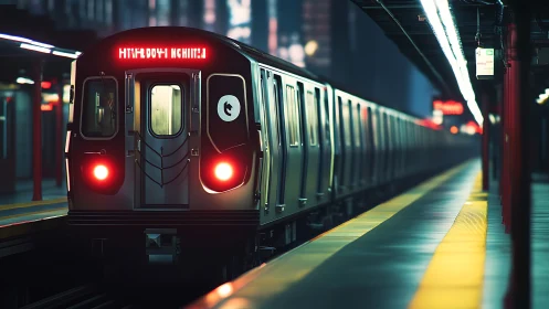 Subway train stands idle on empty underground platform at night